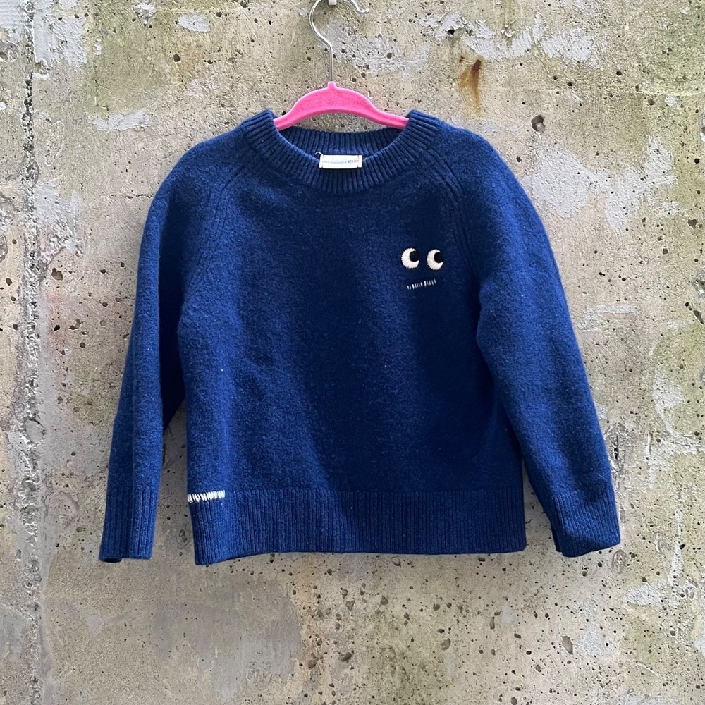 ANYA HINDMARCH UNIQLO Lambswool Crew Neck Sweater Kids Size 5-6, Navy Blue, EUC